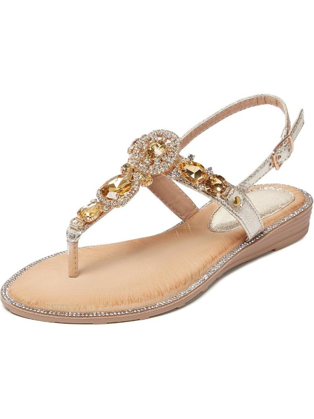 Rhinestone T-Strap Flat Sandals for Women with Adjustable Ankle Strap - Stylish